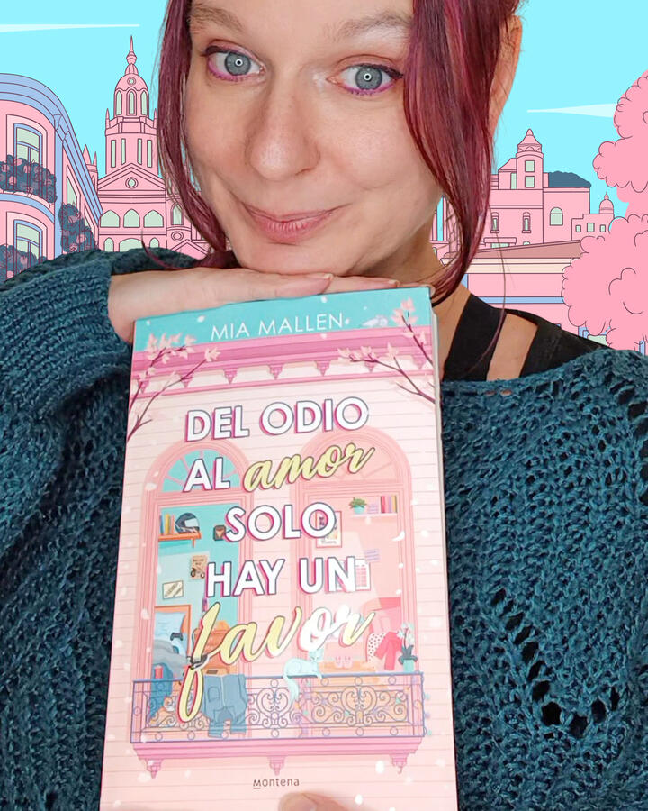 Amélia Bazière — illustration de couverture pour Mia Mallen Amélia Bazière, illustratrice, pose avec le roman de Mia Mallen dont elle a créé la couverture.